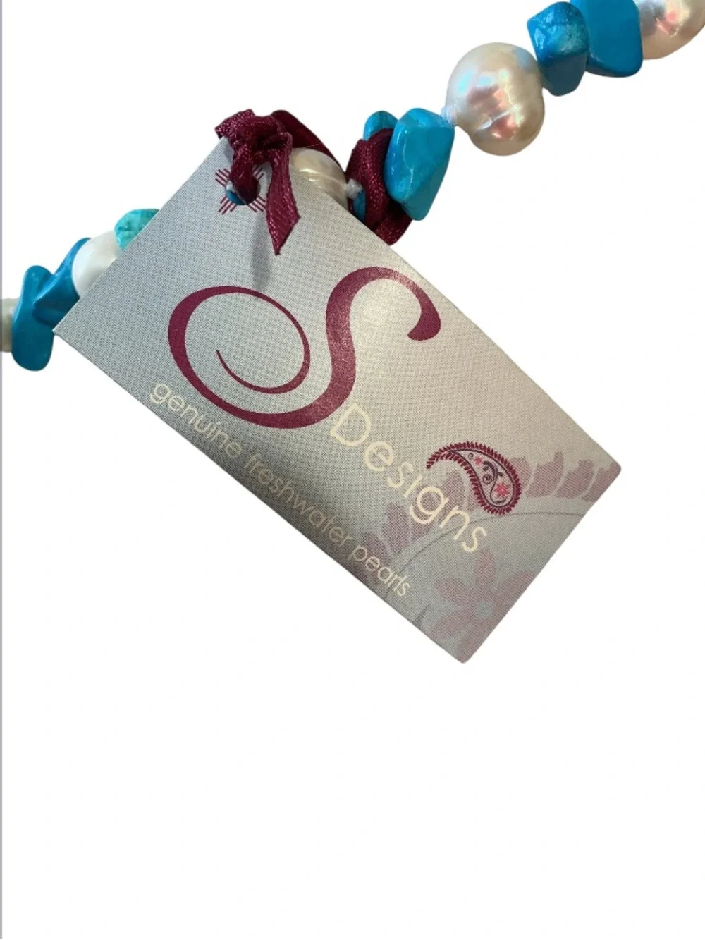 S Designs genuine Freshwater pearls Faux turquoise Long necklace